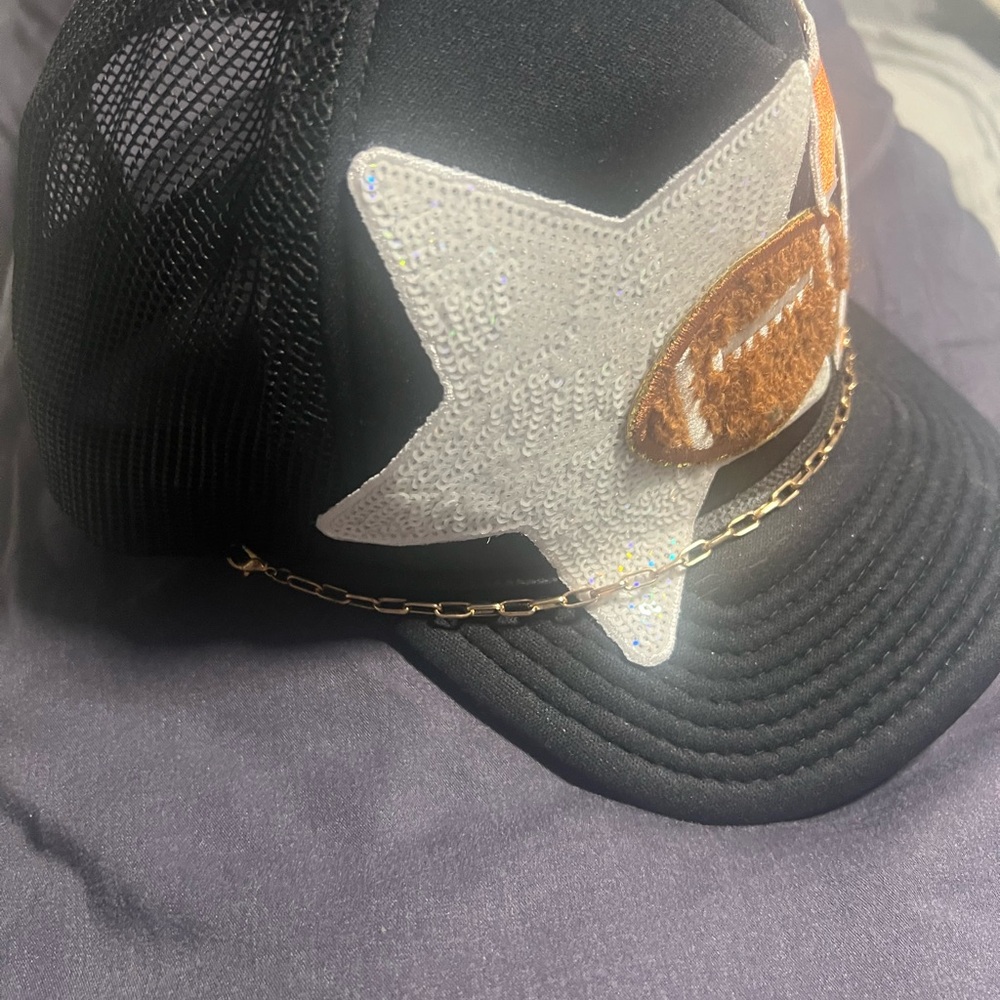 Black Trucker Hat with Star and Football Design